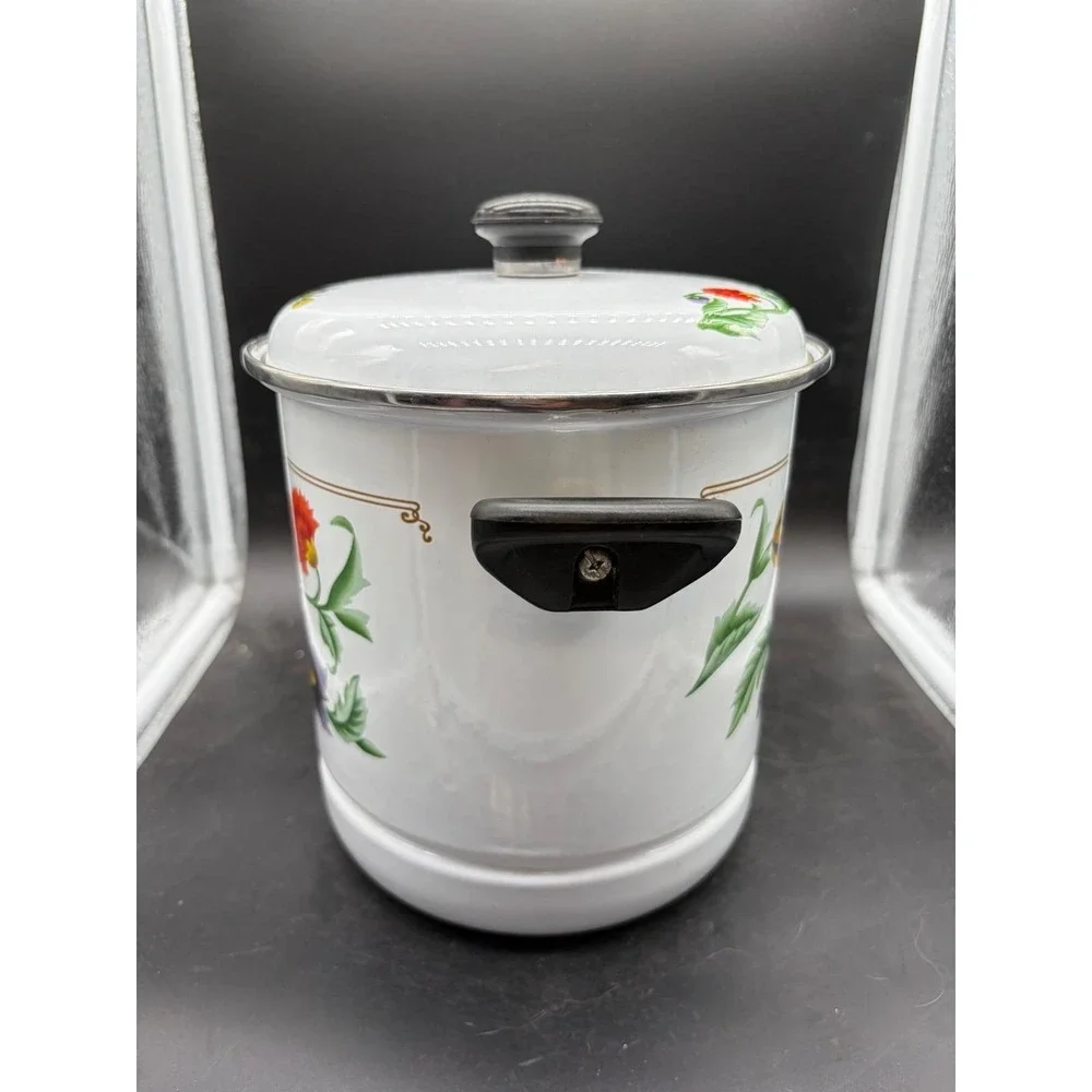 Vintage GMI Enamelware Stock Pot with Lid Floral Poppy‎ White Enamel Soup Pot